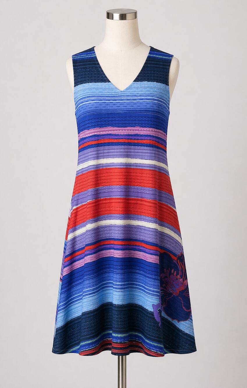 Desigual | Floral Abstract Striped Colorful Dress Blue White Orange